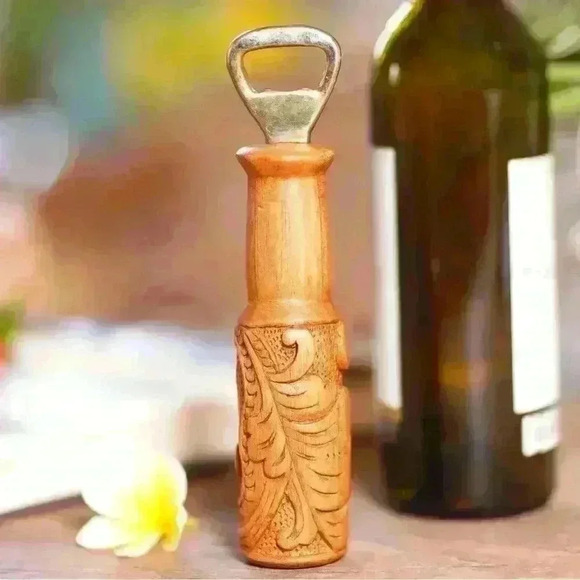 Hand Carved Sugar Wood Bottle Opener with Leaf Motif from Bali - Bottles Up - Picture 1 of 4